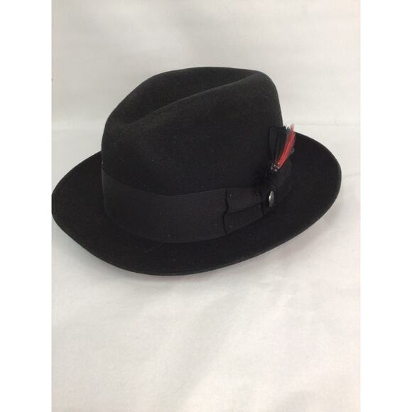 Stetson Frederick Black Wool Felt Fedora Hat Silk Liner Size 7 1/4 Feather - Picture 1 of 7